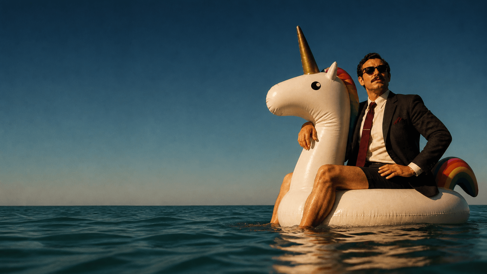 Jean, en costume et lunettes noires, assis sur une licorne gonflable en pleine mer au coucher du soleil